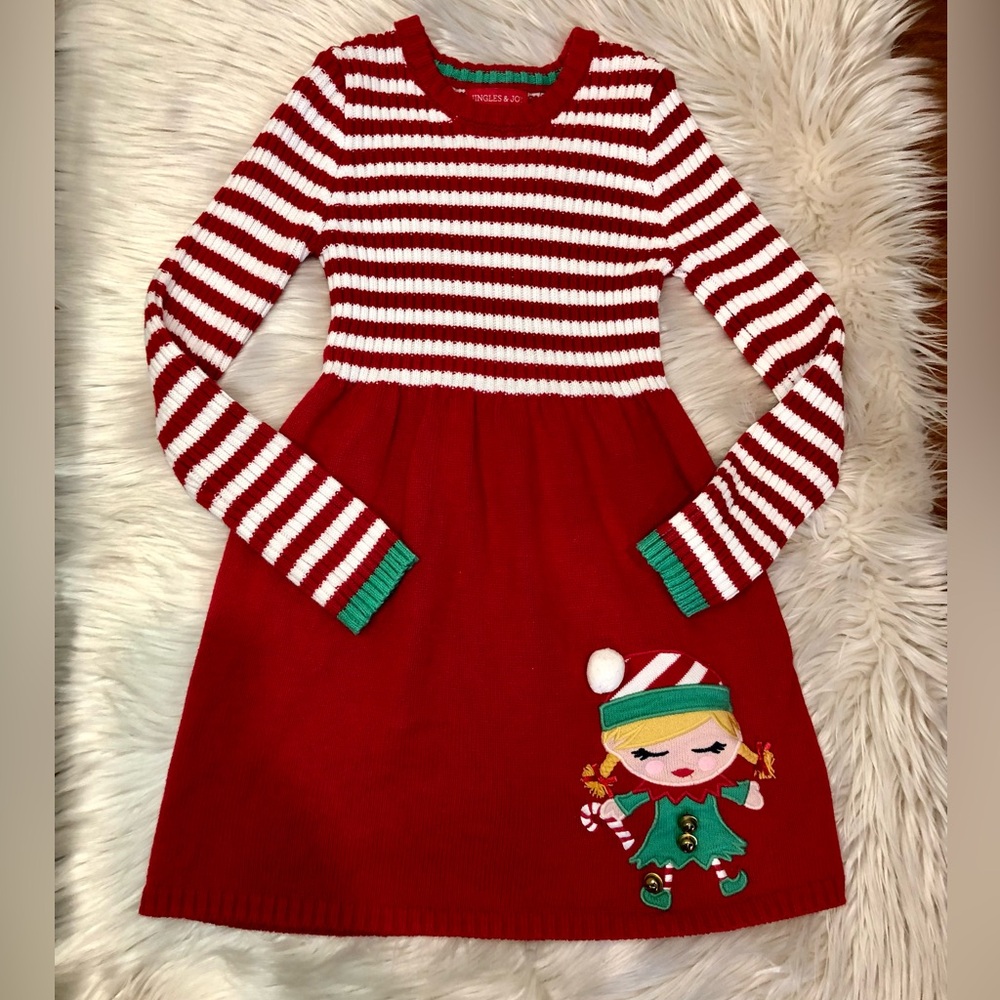 Girl Christmas Elf Red and White Candy cane Striped babydoll knitted Dress M 7/8